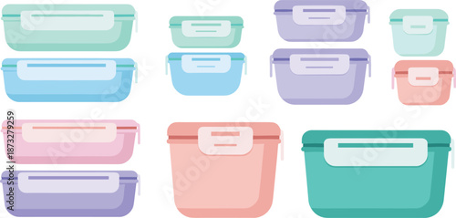 Colorful food storage container set featuring locking lids in grid layout for kitchen organization and meal prep design.