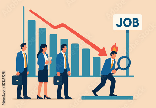 Unemployment rate or hiring position statistics or forecast, economy growth or recession, new worker or corporate job concept, business people queue in line on unemployment graph diagram applying job.