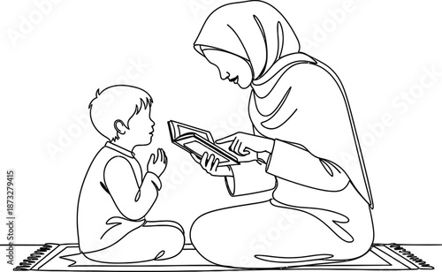 A muslim woman teaching a young boy to read the quran isolated on transparent background