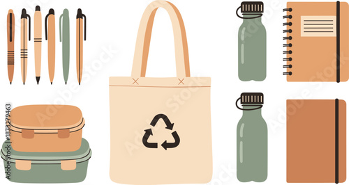 Eco-friendly daily essentials illustration featuring reusable bottles, lunch boxes, tote bag, notebooks, and pens for sustainable living.
