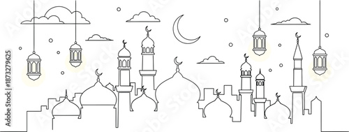 A black and white line drawing of a fantasy city isolated on transparent background