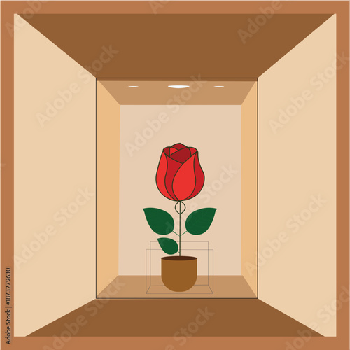 Red Rose in a Brown Pot Inside a Minimalist Geometric Box Illustration