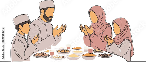 A muslim family praying together isolated on transparent background