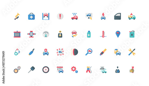 Car repair and maintenance service, appointment planning color icon set. Tow truck transportation to garage after crash and lifting, automobile equipment and parts flat elements vector illustration