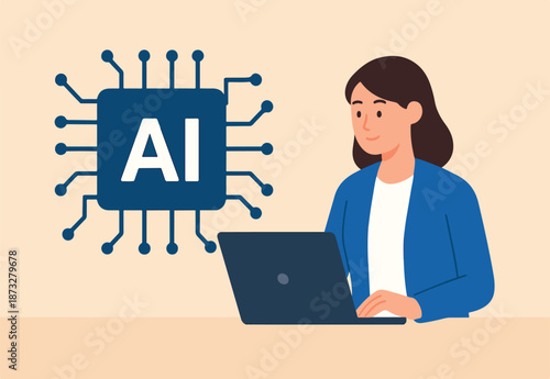 Working with AI artificial intelligence, technology helping or support success work, AI prompt engineer or robot assistance concept, woman work with computer laptop on AI artificial intelligence chip
