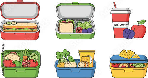 Colorful lunchbox illustration set featuring balanced meals with fruits, vegetables, sandwiches, snacks, and takeaway drink for healthy eating.