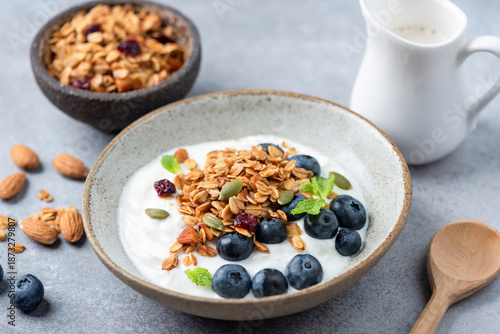 Yogurt with granola and blueberries