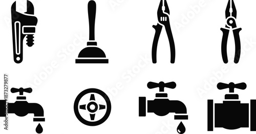 Black plumbing tool icon set featuring pipe wrench, plunger, pliers, wire cutters, faucets, valves, and water droplet symbols.
