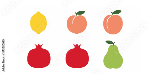 Botanical fruit illustration collection with lemon peach pomegranates and pear isolated on solid white background
