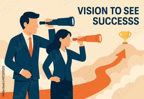 Vision to see success direction in uncertainty, change or leadership to make decision, planning or discovery challenge, search for opportunity, businessman woman look through telescope and spyglass