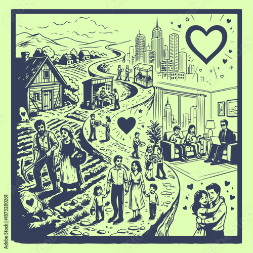 Human Migration Story In Three Scene Artwork