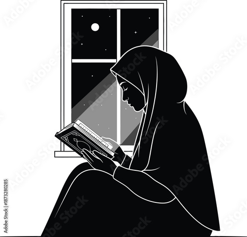 Silhouette of a woman reading by the moonlit window isolated on transparent background