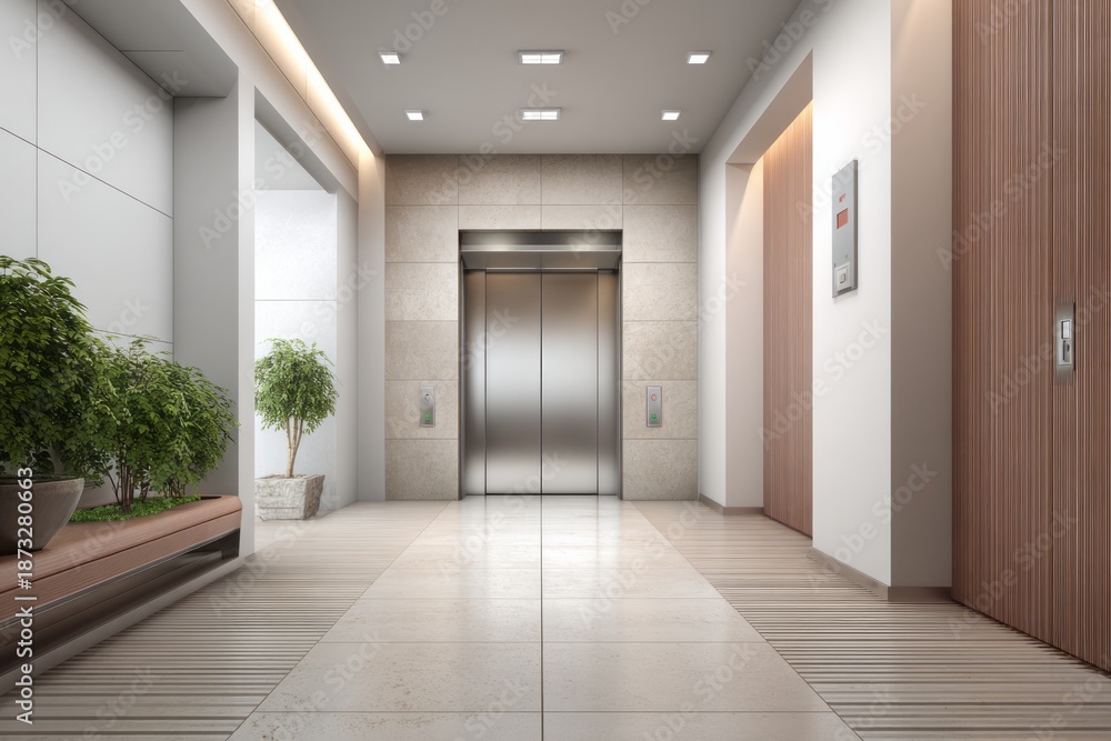 Obraz premium Contemporary building lobby features a polished metal elevator framed by modern finishes and greenery