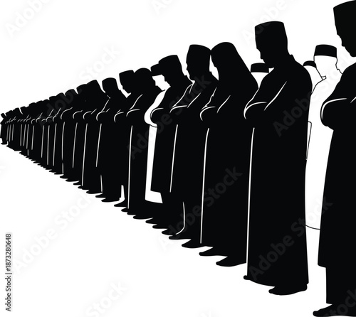 Silhouette of a line of people in black robes and hats isolated on transparent background