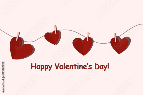 Hearts on a clothespin. Greeting card with the inscription "Happy Valentine's Day." Vector image.