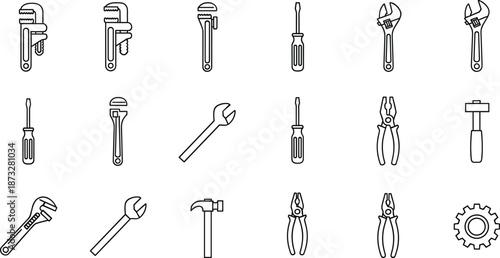 Black and white hand tool icon set featuring pipe wrench, pliers, screwdrivers, hammers, gear, and repair equipment symbols.