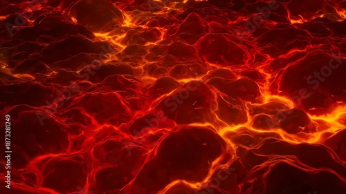 Detailed visualization of glowing molten lava texture with intense red and orange hues forming abstract, rocky structures, concept for gaming backgrounds, abstract artwork and energy visuals