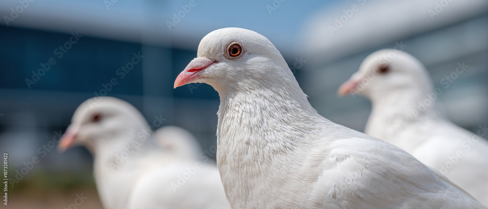 Fototapeta premium White dove closeup soft focus gentle light urban background hospital glass blue building reflection group bird peace purity calm natural wildlife animal portrait beak eye feather white outdoor