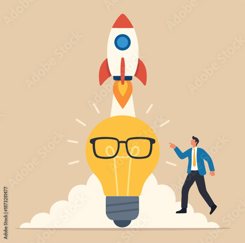 Innovation to launch new idea, entrepreneurship or startup, creativity to begin business or breakthrough idea concept, innovative rocket launch flying high from opening bright lightbulb idea.