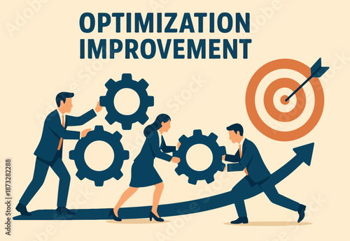 Optimization, improvement or strategy to improve result to increase efficiency or productivity to reach goal or target success, business people connect cogwheel gear to optimize result to reach goal.
