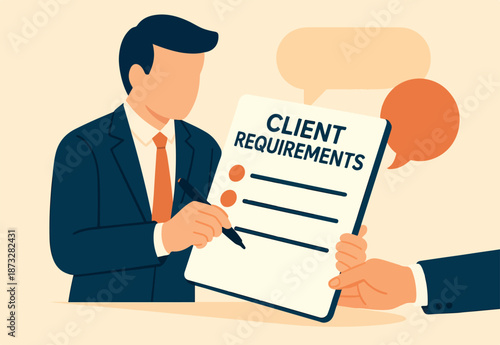 Requirements gathering, client demand or customer opinion, summary or meeting conclusion, stakeholders use case, lecture or meeting note concept, businessman write client requirements from discussion.