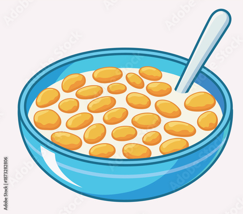 Blue Bowl of Corn Flakes Cereal with Milk and Spoon Isolated on Light Background Healthy Morning Breakfast Food Concept Vector