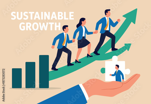 Sustainable growth, long term success or growing business with winning strategy, improvement or steps to team success, productivity concept, business people employee step up sustained growth arrow.