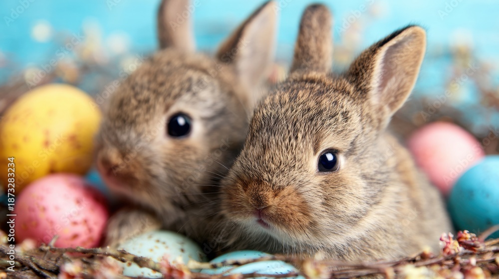 Naklejka premium Two rabbits sitting in a nest with colorful eggs in springtime setting