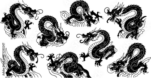 Medieval Winged Dragon Crests & Mythical Flying Beast Silhouette Set