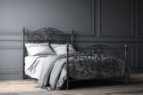 Ornate metal bed frame rests on a wooden floor against paneled walls in a subdued color palette.