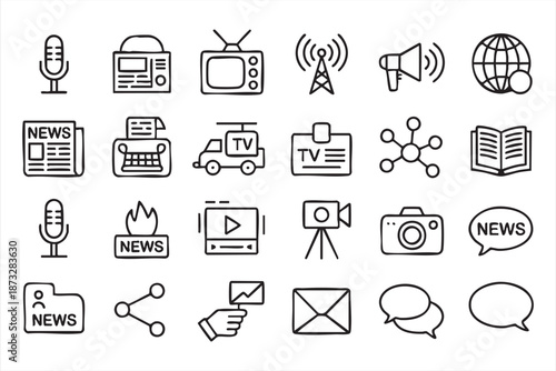 Media Communication Line Icons for Broadcasting and Content Platforms