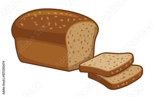 Freshly Baked Whole Wheat Loaf of Bread with Two Slices and Grains Isolated on White Background Healthy Organic Bakery Product Vector