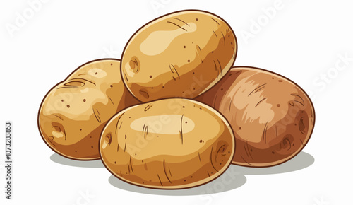 A pile of brown potatoes with visible skin texture and dark spots against a white background tuber root