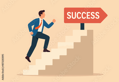 Ladder of success, stair way to succeed and reach business target, growth or growing career path, motivation and challenge to success opportunity concept, businessman climb up stair way to success
