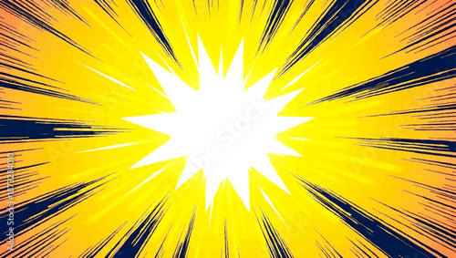 An abstract sun background vector illustration featuring a bright yellow sunrise with orange rays and a glowing starburst beam design over a summer sky