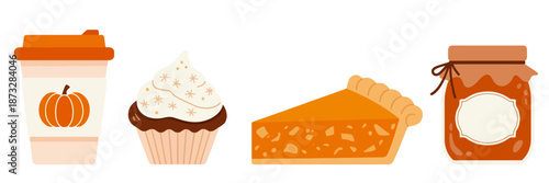 Autumn treats collection with pumpkin coffee cup slice of pie cupcake and jam jar fall food