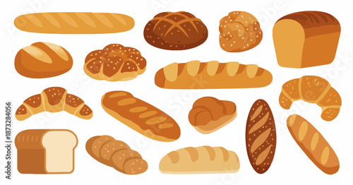 Assortment of baked bread products including baguettes loaves and croissants bakery food