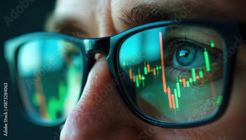 Wallpaper Mural Man wears glasses reflecting stock market charts. He analyzes data for investment strategy and market trading. Focuses on digital finance with intense concentration. Torontodigital.ca