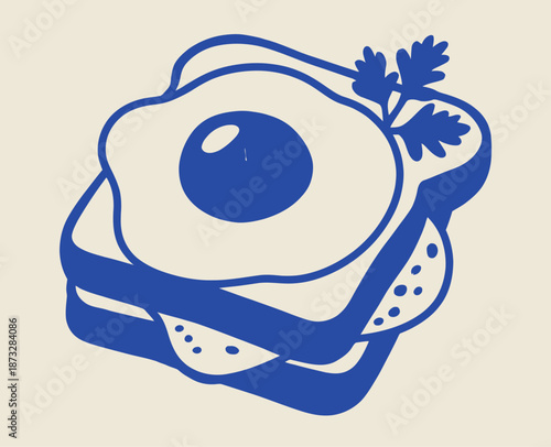 Blue fried egg sandwich with parsley garnish beige background food breakfast