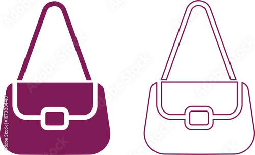 Women handbag icons set collection with purse bag tote clutch shoulder styles in flat and line design, fashion accessory outline illustration group for shopping retail UI branding