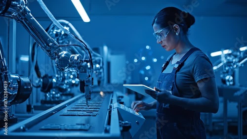 Technician inspects robotics line with tablet. Engineer monitors automation systems. Operator performs inspection of machinery in manufacturing factory. Workflow emphasizes quality control. Safety.