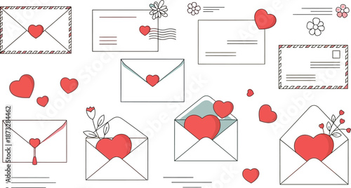 Collection of delightful love letters and envelopes featuring bright red hearts and floral decorative elements