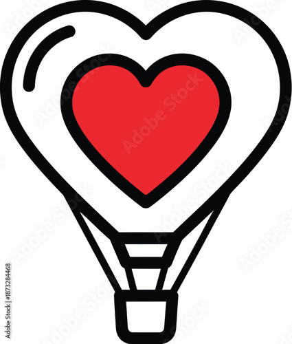 Stylized line art icon depicting a heart shaped hot air balloon ascending gently against a simple white background for romance