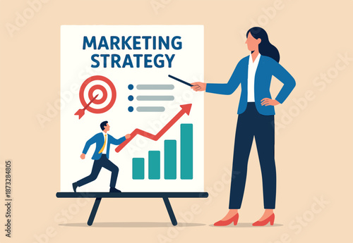 Marketing strategy, success planning to launch advertisement, optimize audience result, online promotion plan, performance report, businesswoman present marketing strategy plan to improve best result