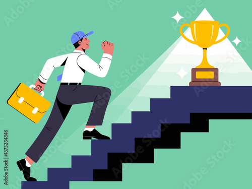 A determined businessman is depicted running up stairs towards a shiny trophy, representing ambition, success, and personal achievement in a professional environment.