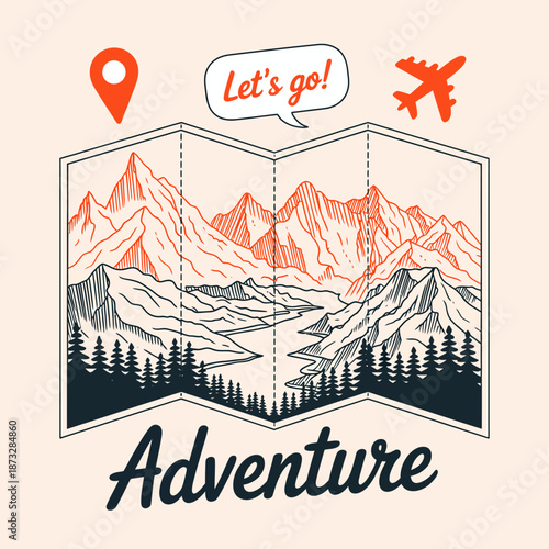 This vibrant image depicts a map with mountains and an airplane, emphasizing adventure, exploration, and the thrill of travel, perfect for attracting wanderers and explorers.