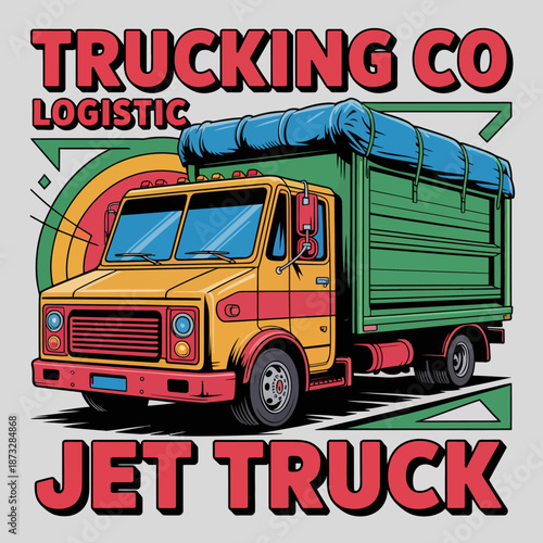 A vibrant, retro-styled illustration of a truck, designed for a logistics company, capturing the essence of transportation and delivery in a fun and colorful manner.