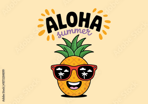 This vibrant image features a smiling pineapple wearing stylish sunglasses, celebrating the joyful essence of summer with a playful and tropical theme.
