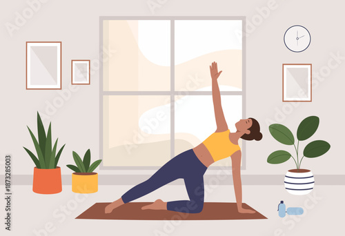 A woman performs yoga in a serene home environment, showcasing physical fitness and mental well-being through exercise and mindfulness in a cozy, well-decorated room.