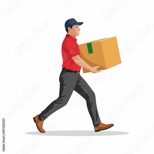 A friendly delivery man walks confidently while carrying a large brown box, representing the service industry and the importance of deliveries in modern society.